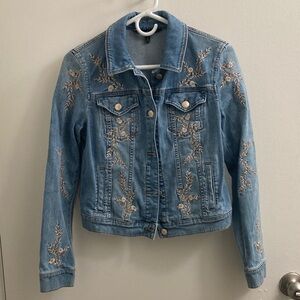 White House Black Market Blue Embroidered Jean Jacket